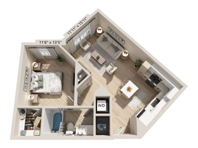 Contemporary 3D apartment floor plan featuring a spacious bedroom, an open-concept living and kitchen area, and a modern bathroom. Includes a washer/dryer unit for convenience.