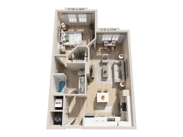 Modern 3D apartment floor plan showcasing 1 bedroom, open living and dining area, sleek kitchen, and stylish bathroom.