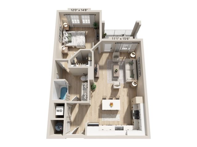Modern and spacious 2D floor plan featuring a large bedroom, stylish living room with balcony access, and a sleek kitchen with an island dining area.