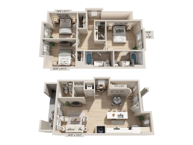 Modern 3D floor plan showcasing 3 bedrooms, a bright open-concept living space, and a sleek kitchen with dining area.