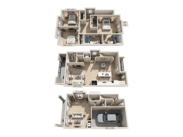 Modern 3D floor plan displaying three levels: upper level with three cozy bedrooms, middle level featuring an open-concept kitchen and living area with dining space, and lower level with a garage space, all designed for comfort and elegance.