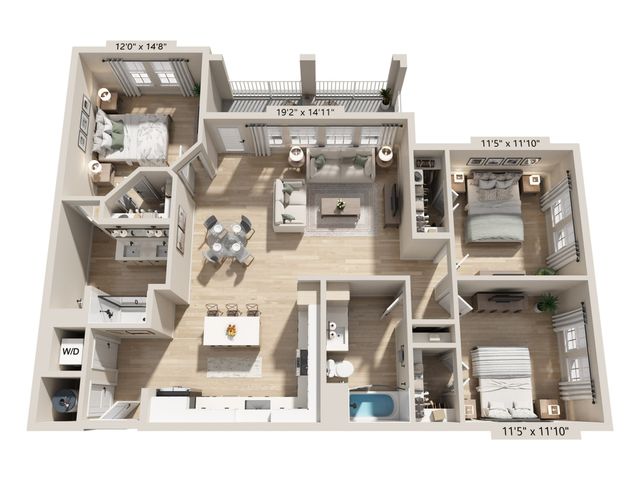 Modern 3D floor plan showcasing a spacious apartment with 3 bedrooms, open-concept living and dining area, elegant kitchen with island, two bathrooms, and convenient laundry area.