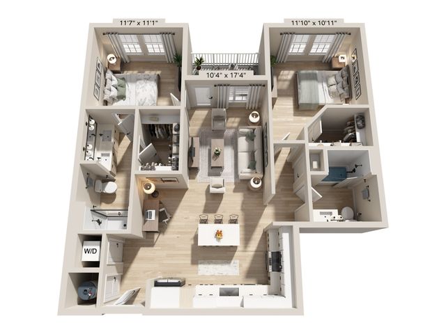Modern 3D floor plan featuring two spacious bedrooms, open living area, stylish kitchen with island, and two bathrooms. Includes convenient in-unit washer and dryer, perfect for contemporary living.