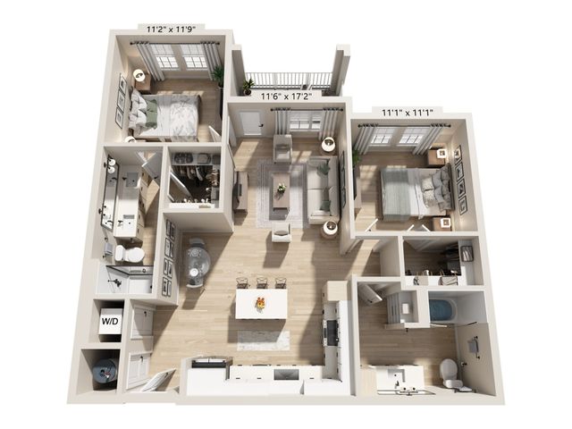 Modern 3D apartment floor plan featuring two spacious bedrooms, a stylish open-concept living area, and a functional kitchen layout.