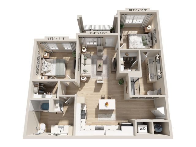 Modern 3D floor plan showcasing open living space with two bedrooms, two bathrooms, and a stylish kitchen.