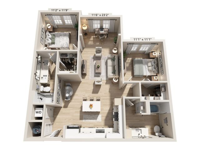 Inviting 2D floor plan with two spacious bedrooms, an elegant living area, and an open kitchen, offering cozy comfort and modern amenities.