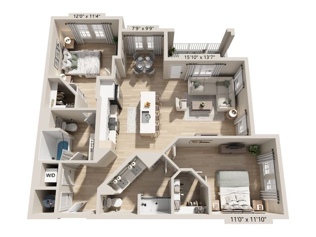 Modern 3D floor plan showcasing 2 bedrooms, open-concept living and dining area, sleek island kitchen, and two bathrooms. Includes a balcony with stylish layout, perfect for entertaining and comfort.