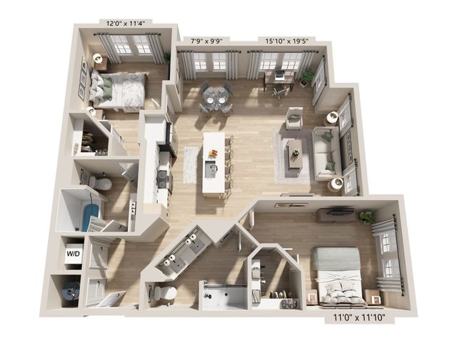 Chic 3D floor plan showcasing a modern 2-bedroom apartment with an open living area, sleek kitchen island, and large windows for natural light.