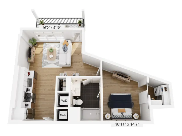 Modern 3D floor plan showcasing a sunlit living room, sleek kitchen, cozy bedroom, and private balcony.