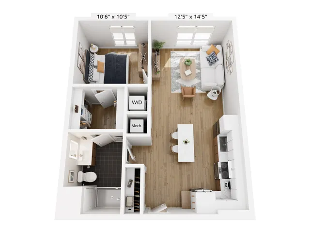 Modern 1-bedroom apartment floor plan with open living space, stylish kitchen island, cozy living room, and spacious bathroom.