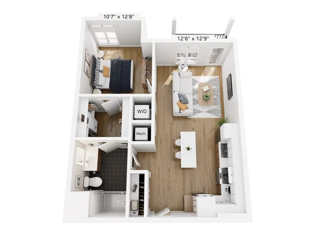 Modern 3D floor plan featuring a spacious one-bedroom apartment with open-concept living area and kitchen, stylish bathroom, and convenient in-unit laundry.
