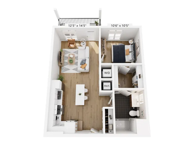 Chic 3D floor plan showcasing a cozy living room, modern kitchen with island, and a comfortable bedroom with ample natural light.