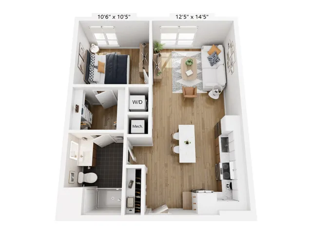 Modern floor plan showcasing a cozy one-bedroom apartment with an open-concept living area and kitchen, complete with stylish furnishings and natural lighting.