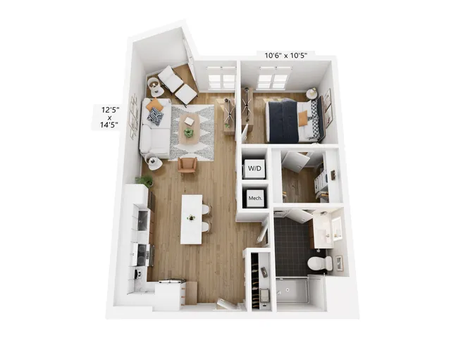 Modern floor plan of a chic apartment featuring 1 bedroom, open-concept living and dining area, stylish kitchen, and a bathroom with a large shower. Bright and airy layout with hardwood floors and efficient storage.