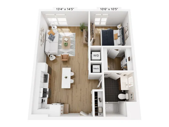 Contemporary 3D floor plan showcasing an elegant one-bedroom apartment with a spacious living area, modern kitchen, cozy bedroom, and stylish bathroom, featuring natural light and efficient design.