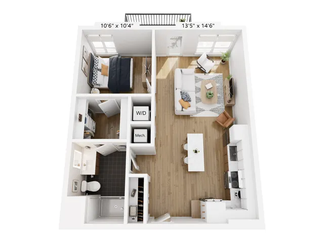 Modern 3D floor plan showcasing a cozy 1-bedroom apartment with open-concept living and dining area, stylish kitchen, and spacious bathroom.
