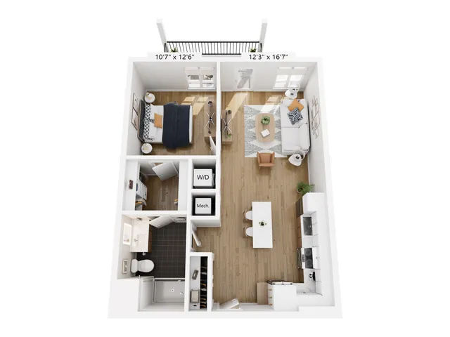 Modern 3D floor plan featuring 1 bedroom, open-concept living and dining area, stylish kitchen, and spacious bathroom with balcony access.