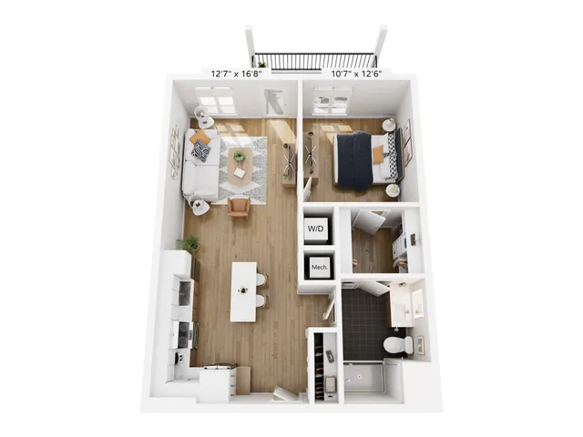 Modern 3D floor plan showcasing a spacious 1-bedroom apartment with open-concept living area, stylish kitchen, and private balcony space.