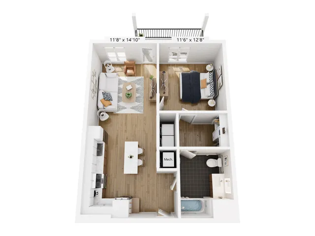 Modern open-concept floor plan with spacious living area, stylish kitchen, cozy bedroom, and luxurious bathroom.