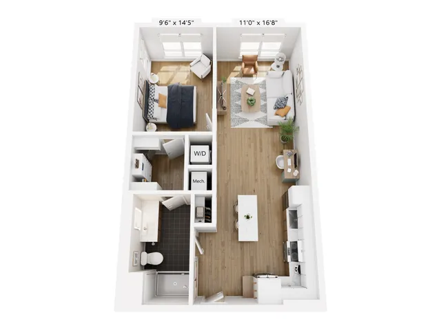 Modern 3D floor plan featuring a cozy bedroom, open living space with natural light, sleek kitchen, and well-appointed bathroom.