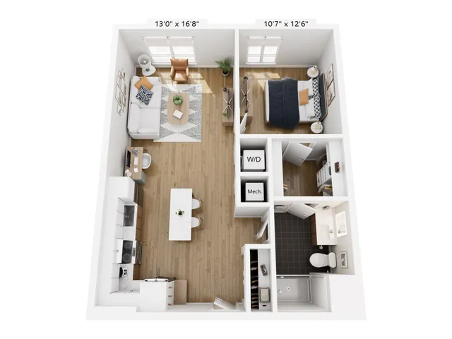Modern 1-bedroom apartment floor plan with open kitchen, cozy living room, and stylish bathroom, featuring wood flooring and natural light.