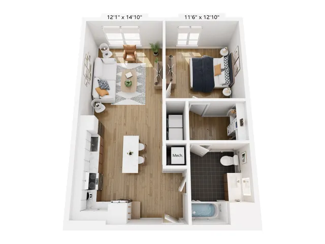 Modern 1-bedroom apartment floor plan with open-concept living area, sleek kitchen, and stylish bathroom.