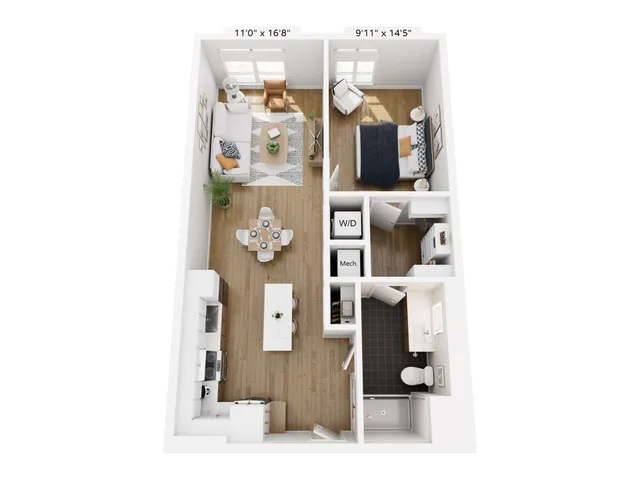 Modern floor plan showcasing a one-bedroom apartment with open-concept living room and kitchen, stylish dining area, and contemporary bathroom.