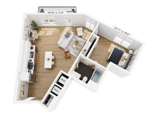 Modern 3D floor plan with open-concept kitchen and living area, cozy bedroom, and stylish bathroom, perfect for sophisticated urban living.