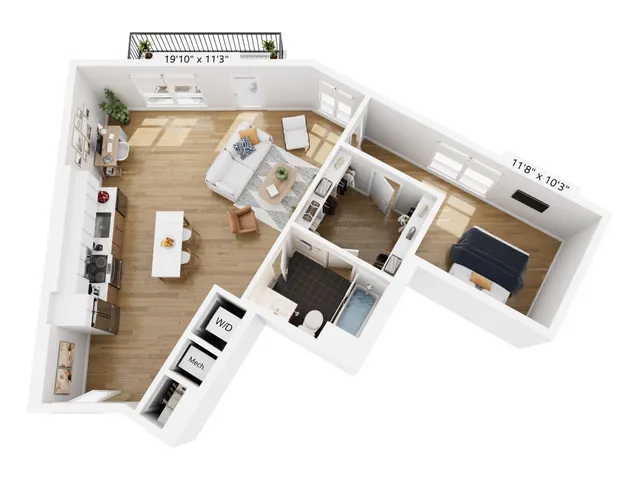 Modern floor plan showcasing a one-bedroom apartment with an open-concept living area, stylish kitchen with island, and inviting balcony space.