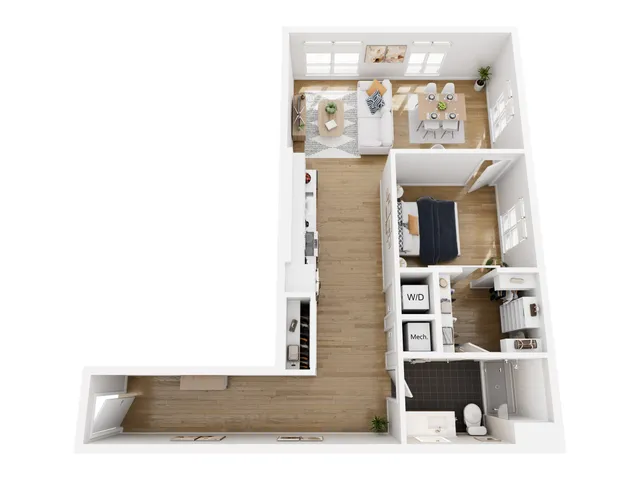 Modern open-concept apartment floor plan with one bedroom, spacious living area, dining space, and sleek kitchen. Includes a bathroom, washer/dryer area, and mechanical closet, designed for style and convenience.