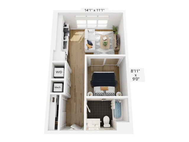 Modern 1-bedroom apartment floor plan with open kitchen living area, cozy bedroom, and stylish bathroom, featuring hardwood floors and ample natural light.