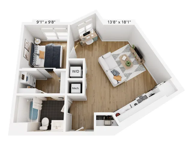 Chic apartment floor plan showcasing 1 bedroom, cozy living area, modern kitchen, and stylish bathroom with in-unit laundry.