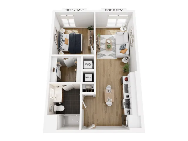 Modern 1-bedroom apartment floor plan with spacious living area, sleek kitchen, and elegant bathroom layout, featuring natural light and stylish design.