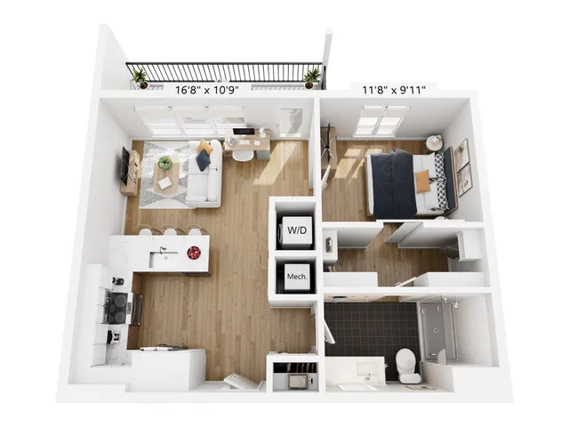 Contemporary 3D floor plan featuring 1 bedroom, a cozy living area, modern kitchen, and private balcony, perfect for urban living.