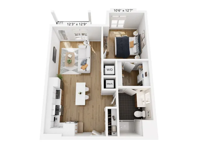 Modern 1-bedroom apartment floor plan with an open kitchen, cozy living room, and spacious bathroom. Includes in-unit washer/dryer and stylish finishes.