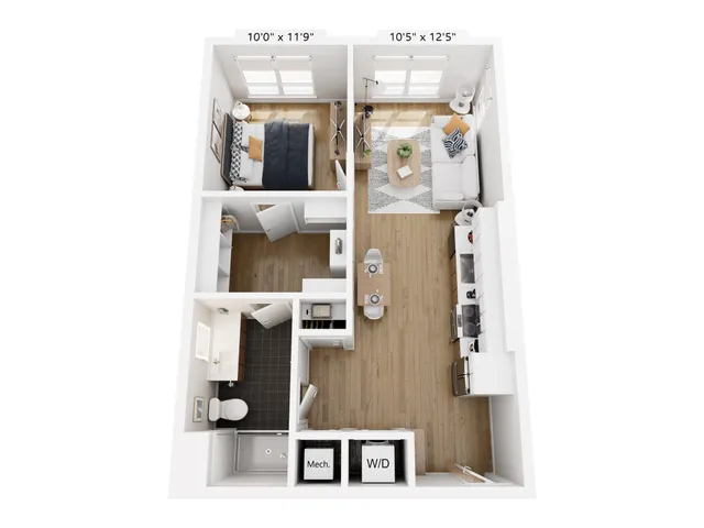 Modern apartment floor plan with one bedroom, spacious living area, sleek kitchen, and convenient bathroom layout.