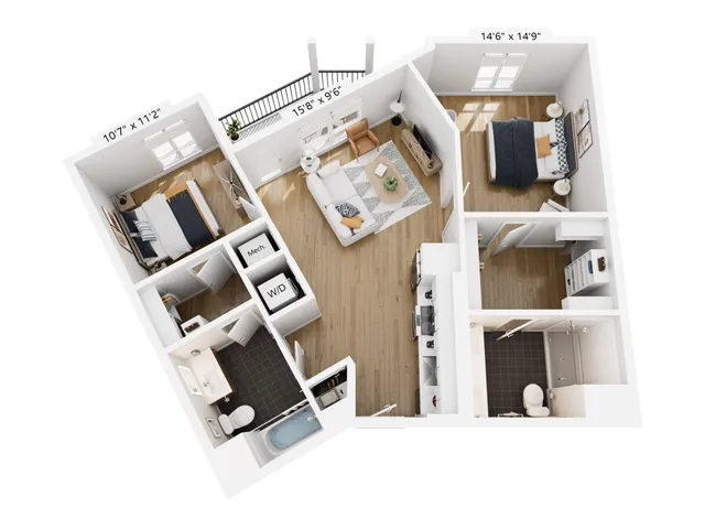 Modern 3D floor plan showcasing 2 cozy bedrooms, elegant open living area, sleek kitchen, and 2 stylish bathrooms with laundry facilities.