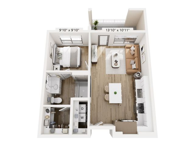 Charming 2D floor plan of a cozy apartment featuring a bedroom, modern kitchen, open living area, and a stylish bathroom with in-unit laundry.