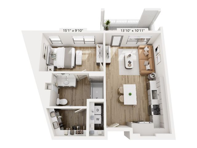 Charming apartment layout showcasing a spacious bedroom, modern open-concept kitchen and living area, and a cozy balcony.