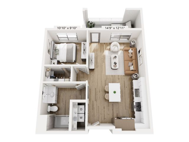 Modern 3D floor plan showcasing a cozy 1-bedroom apartment with open-concept living room and dining area, sleek kitchen, and stylish bathroom. Perfect urban living space with ample natural light.