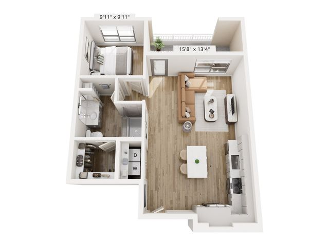 Contemporary 3D floor plan showcasing a modern 1-bedroom apartment with open-concept living and dining area, sleek kitchen, and cozy balcony.