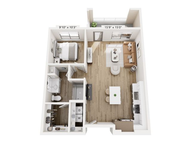 Modern 3D floor plan featuring a cozy 1-bedroom layout with open-concept living and dining areas, stylish kitchen, and comfortable balcony space.