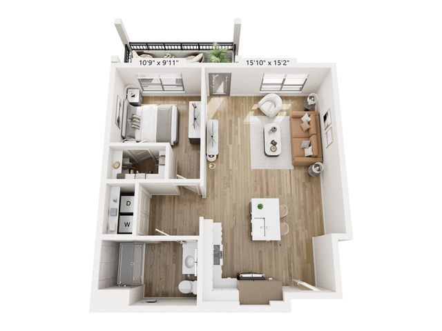 Modern floor plan showcasing a stylish 1-bedroom apartment with a cozy living area, compact kitchen, and private balcony for optimal relaxation.