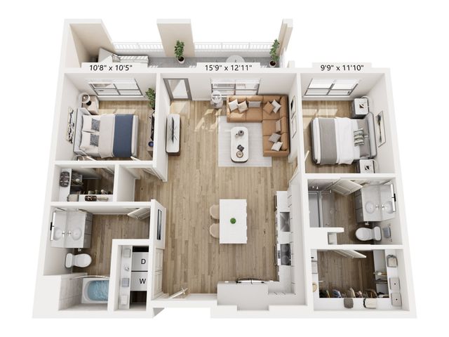 Modern 2-bedroom apartment floor plan featuring spacious living area, stylish kitchen, and two bathrooms with contemporary design.