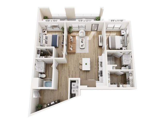 Modern 3D floor plan illustrating 2 bedrooms, an inviting open-concept living area, and a functional kitchen with island seating.