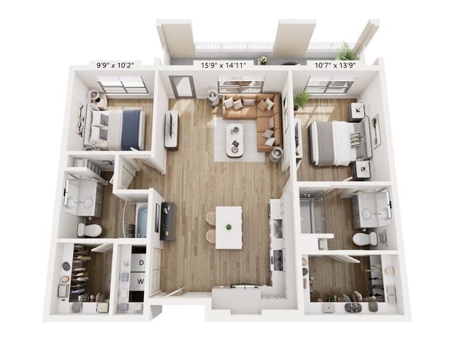 Elegant apartment floor plan featuring two spacious bedrooms, two modern bathrooms, a cozy living room, and a contemporary open-concept kitchen with dining island.