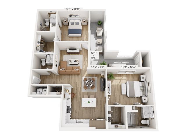 Chic 3D floor plan showcasing 2 bedrooms, spacious living room, modern kitchen, and two elegant bathrooms with balcony access.