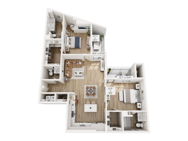 Chic 3D floor plan showcasing 2 bedrooms, modern kitchen, stylish living room, and private balcony.