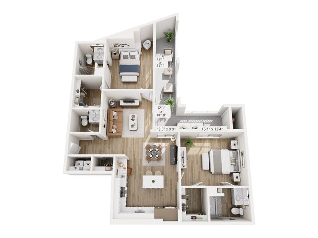 Luxurious 3D floor plan showcasing 2 bedrooms, 2 bathrooms, a modern kitchen, and an open living area with balcony access.