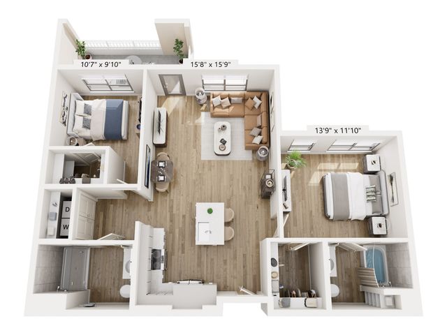 Modern 3D floor plan showcasing two spacious bedrooms, an elegant living area with natural lighting, stylish kitchen, cozy balcony, and well-designed bathrooms.